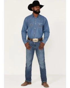 Wrangler Retro Green Men's Faded Indigo Medium Wash Stretch Slim Straight Jeans